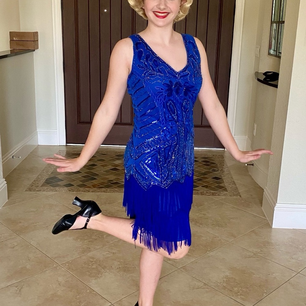 1920 Flapper Embellished V-Neck Royal Blue Fringe Mini Dress